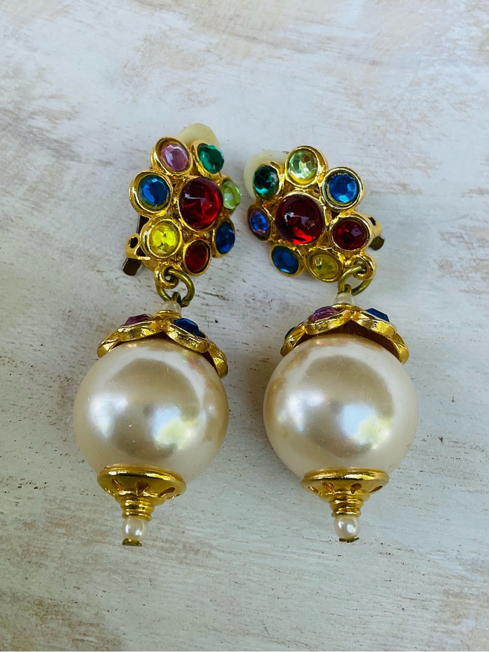 Vintage 1980s Multi Color Rhinestone Faux Pearl Drop Statement Clip On Earrings
